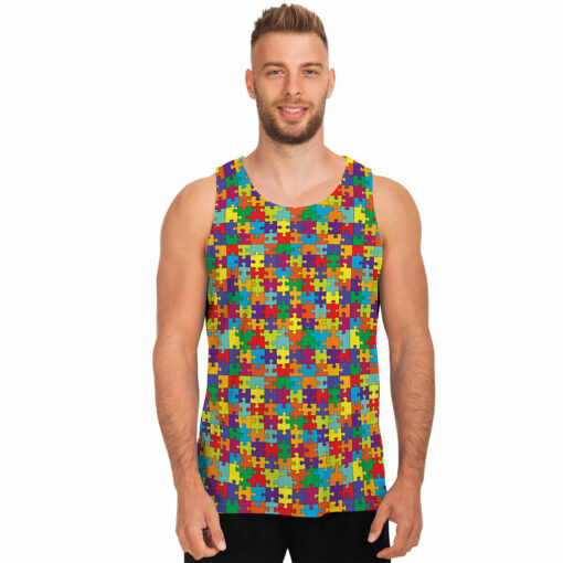 Colorful Autism Awareness Puzzle Print Men's Tank Top