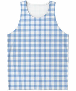 Cornflower Blue And White Gingham Print Men's Tank Top