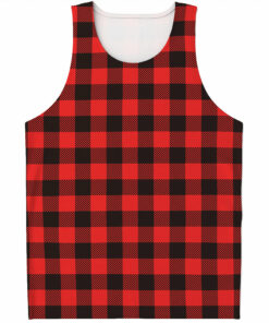 Hot Red Buffalo Plaid Print Men's Tank Top
