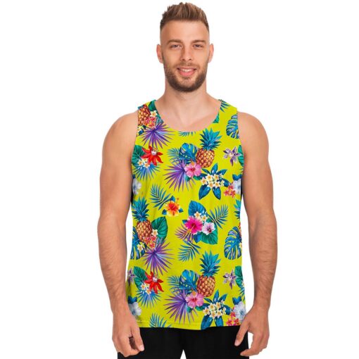 Lime Hawaiian Pineapple Pattern Print Men's Tank Top