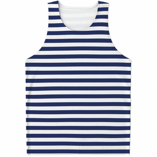 Navy And White Striped Pattern Print Men's Tank Top