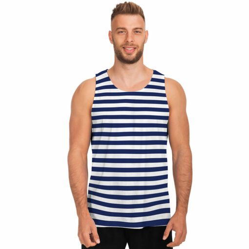 Navy And White Striped Pattern Print Men's Tank Top