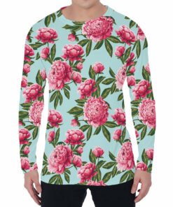Pink Peony Pattern Print Men's Long Sleeve T-Shirt