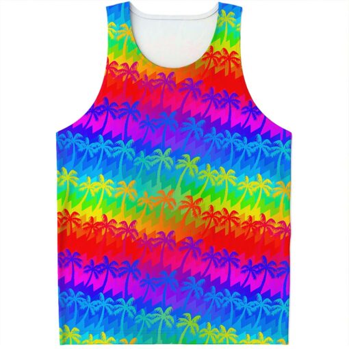 Rainbow Palm Tree Pattern Print Men's Tank Top