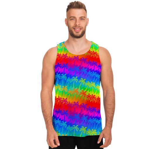 Rainbow Palm Tree Pattern Print Men's Tank Top