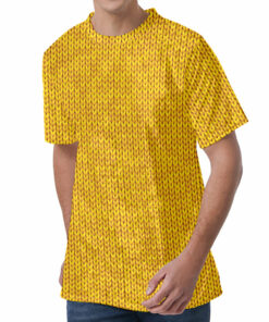 Yellow Knitted Pattern Print Men's Velvet T-Shirt