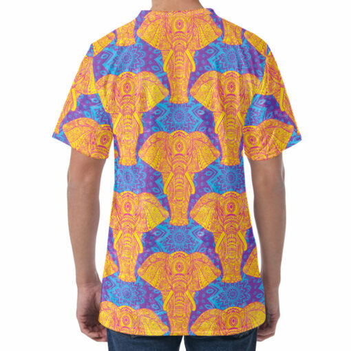 Yellow Mandala Elephant Pattern Print Men's Velvet T-Shirt