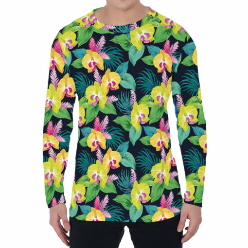 Yellow Orchid Pattern Print Men's Long Sleeve T-Shirt