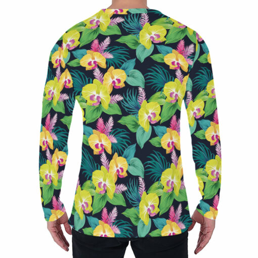 Yellow Orchid Pattern Print Men's Long Sleeve T-Shirt