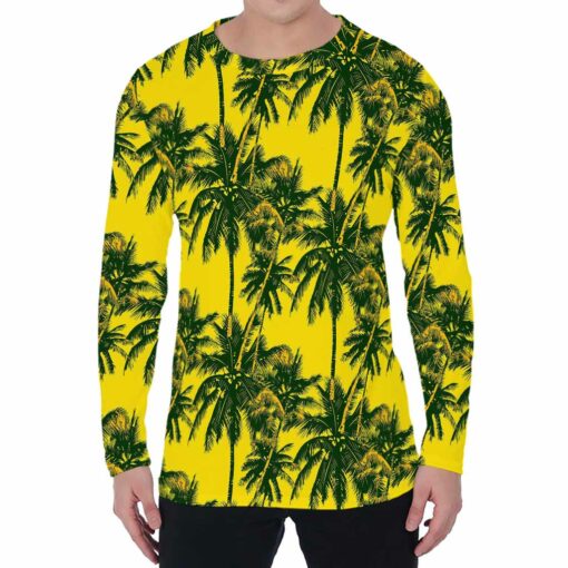 Yellow Palm Tree Pattern Print Men's Long Sleeve T-Shirt