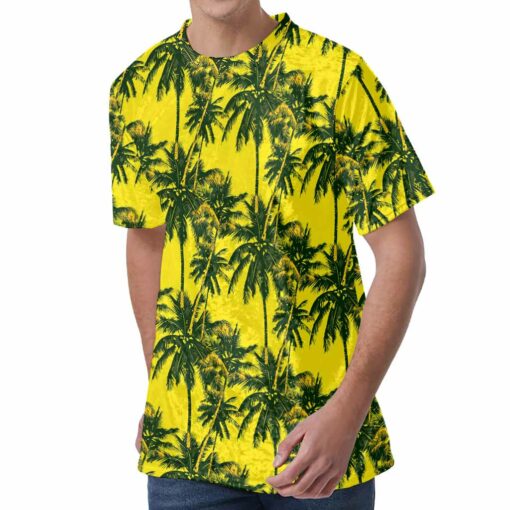 Yellow Palm Tree Pattern Print Men's Velvet T-Shirt
