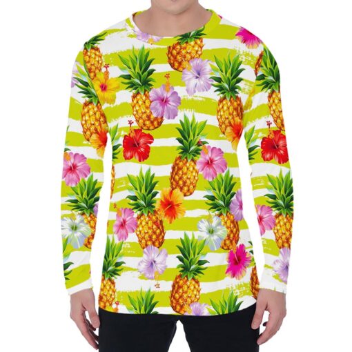 Yellow Striped Pineapple Pattern Print Men's Long Sleeve T-Shirt