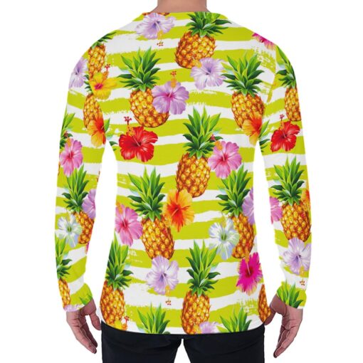 Yellow Striped Pineapple Pattern Print Men's Long Sleeve T-Shirt
