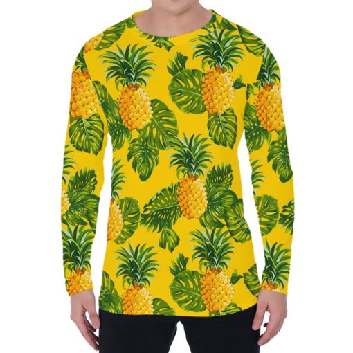 Yellow Tropical Pineapple Pattern Print Men's Long Sleeve T-Shirt