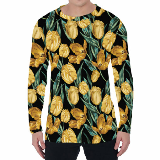 Yellow Tulip Floral Pattern Print Men's Long Sleeve T-Shirt