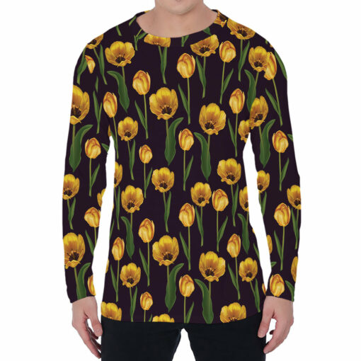 Yellow Tulip Flower Pattern Print Men's Long Sleeve T-Shirt