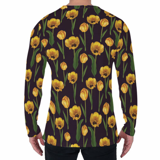 Yellow Tulip Flower Pattern Print Men's Long Sleeve T-Shirt