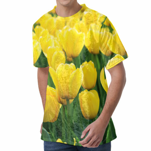 Yellow Tulip Print Men's Velvet T-Shirt