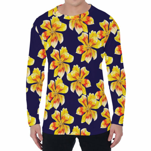 Yellow Watercolor Lily Pattern Print Men's Long Sleeve T-Shirt