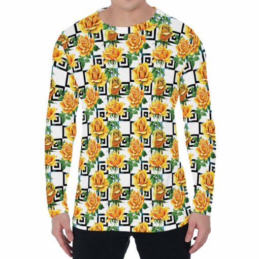 Yellow Watercolor Rose Print Men's Long Sleeve T-Shirt