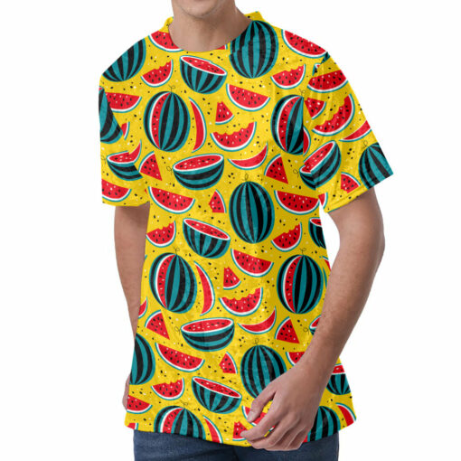 Yellow Watermelon Pieces Pattern Print Men's Velvet T-Shirt