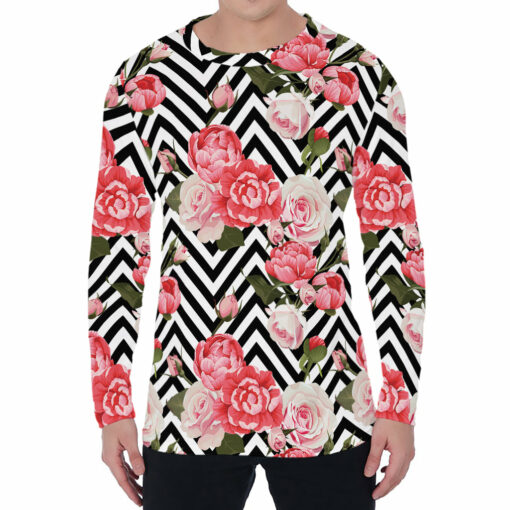 Zigzag Peony And Rose Pattern Print Men's Long Sleeve T-Shirt