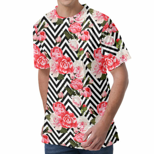 Zigzag Peony And Rose Pattern Print Men's Velvet T-Shirt