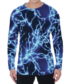 Blue Electric Lightning Print Men's Long Sleeve T-Shirt