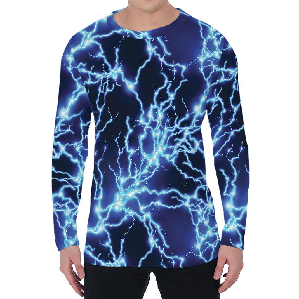 Blue Electric Lightning Print Men's Long Sleeve T-Shirt Blue Electric Lightning Print Men's Long Sleeve T-Shirt