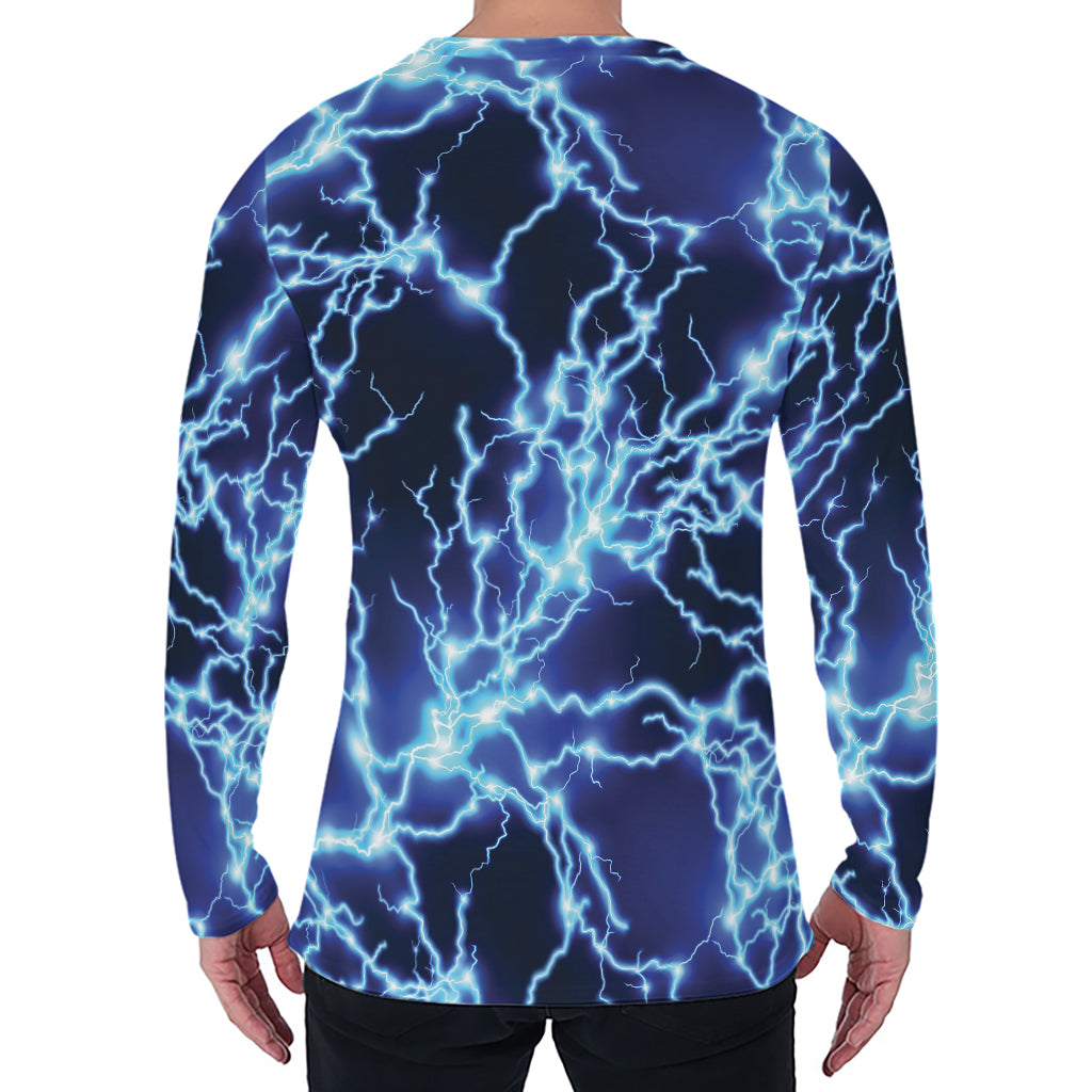 Blue Electric Lightning Print Men's Long Sleeve T-Shirt Blue Electric Lightning Print Men's Long Sleeve T-Shirt