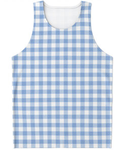 Cornflower Blue And White Gingham Print Men's Tank Top