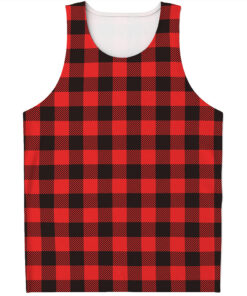 Hot Red Buffalo Plaid Print Men's Tank Top
