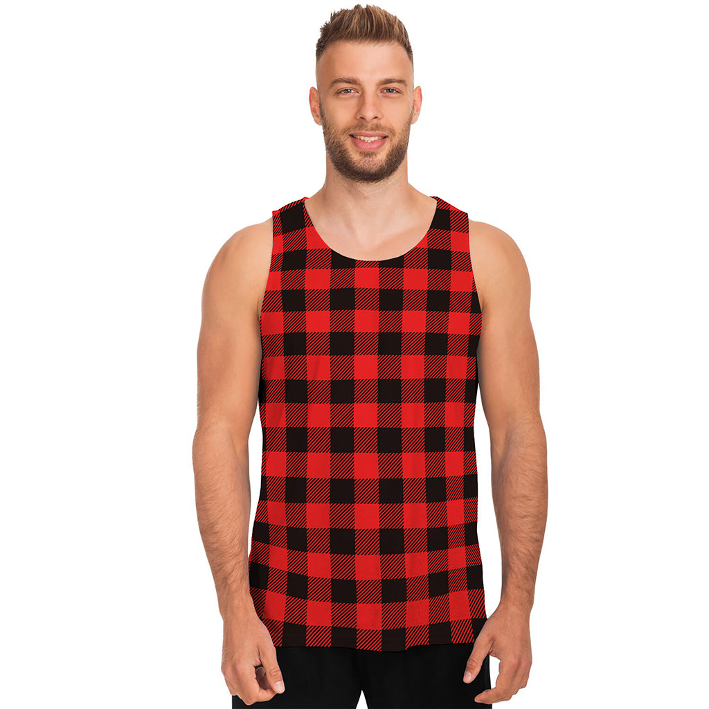 Hot Red Buffalo Plaid Print Men's Tank Top Hot Red Buffalo Plaid Print Men's Tank Top