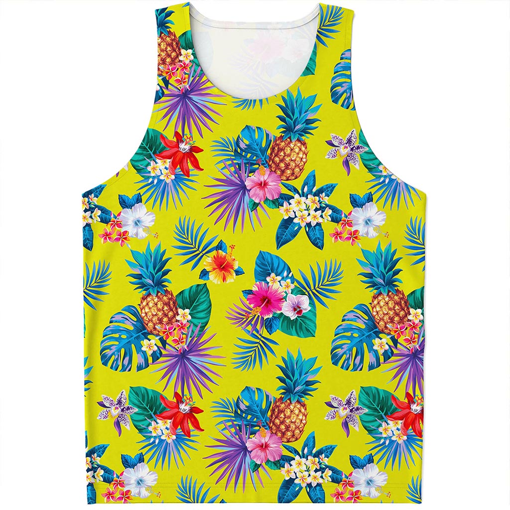 Lime Hawaiian Pineapple Pattern Print Men's Tank Top Lime Hawaiian Pineapple Pattern Print Men's Tank Top