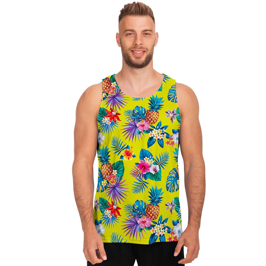 Lime Hawaiian Pineapple Pattern Print Men's Tank Top Lime Hawaiian Pineapple Pattern Print Men's Tank Top