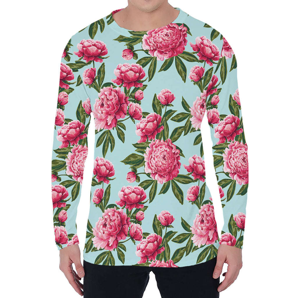 Pink Peony Pattern Print Men's Long Sleeve T-Shirt Pink Peony Pattern Print Men's Long Sleeve T-Shirt