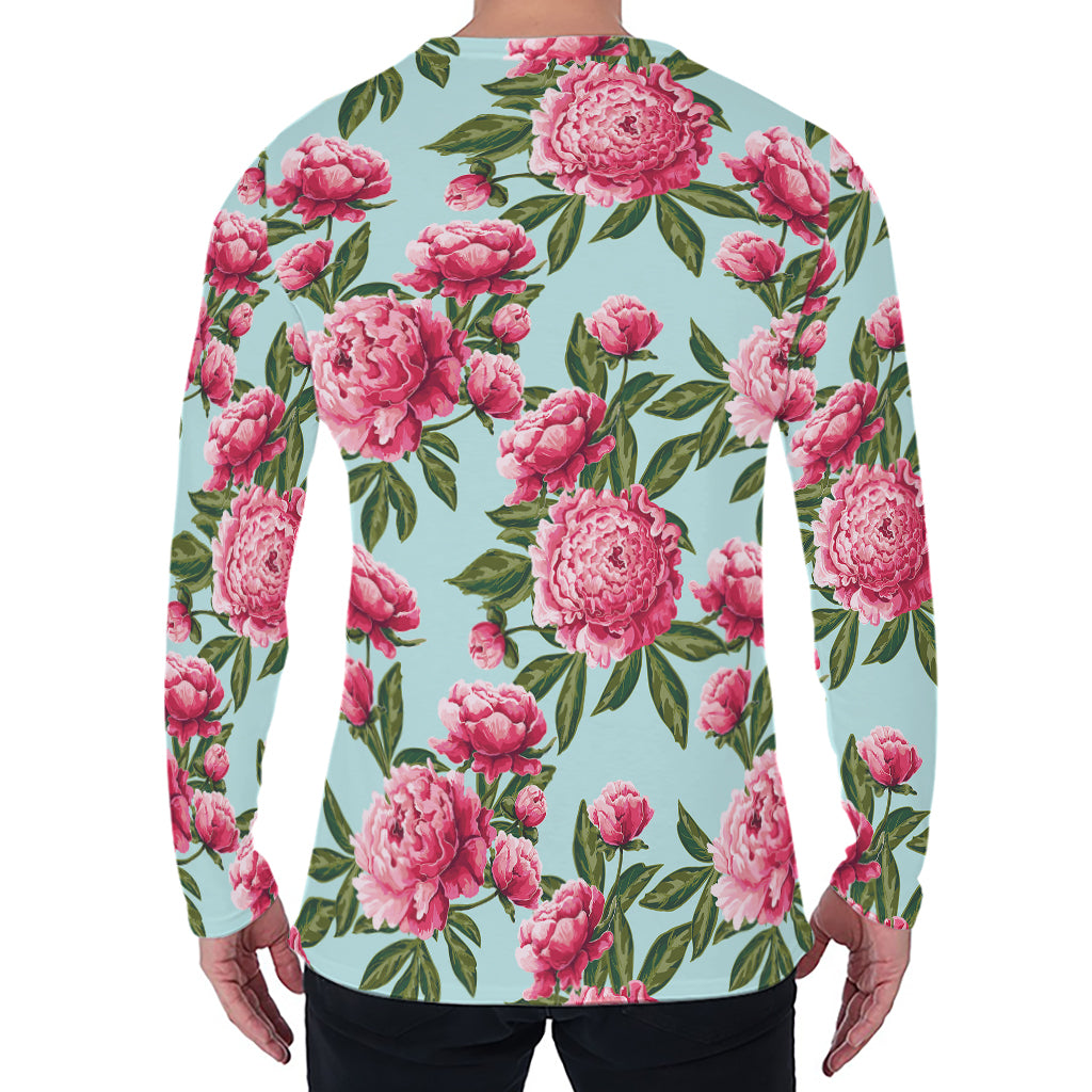 Pink Peony Pattern Print Men's Long Sleeve T-Shirt Pink Peony Pattern Print Men's Long Sleeve T-Shirt