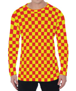 Red And Yellow Checkered Pattern Print Men's Long Sleeve T-Shirt