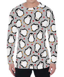 Red Heart And Penguin Pattern Print Men's Long Sleeve T-Shirt