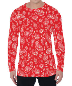 Red Paisley Bandana Pattern Print Men's Long Sleeve T-Shirt