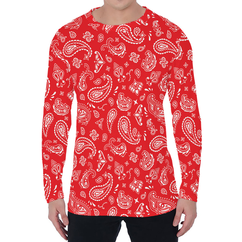Red Paisley Bandana Pattern Print Men's Long Sleeve T-Shirt Red Paisley Bandana Pattern Print Men's Long Sleeve T-Shirt