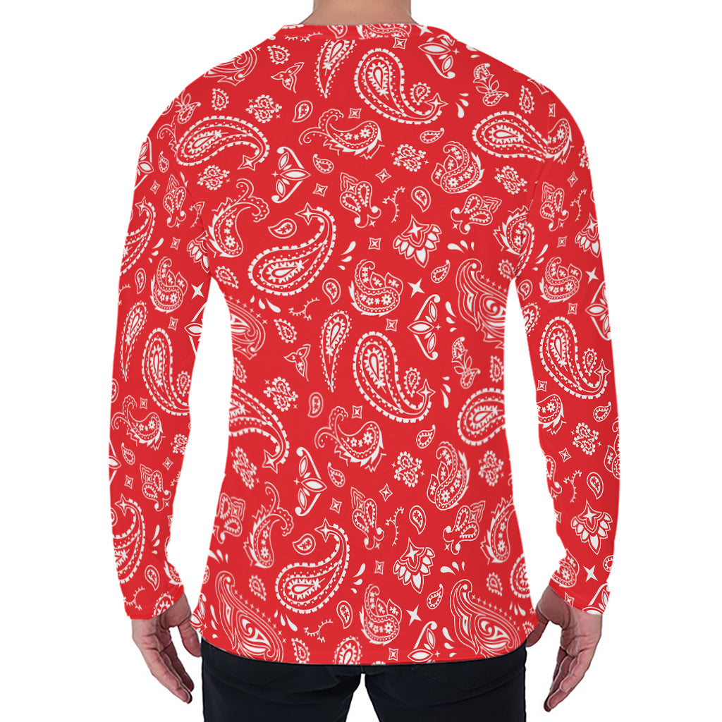 Red Paisley Bandana Pattern Print Men's Long Sleeve T-Shirt Red Paisley Bandana Pattern Print Men's Long Sleeve T-Shirt