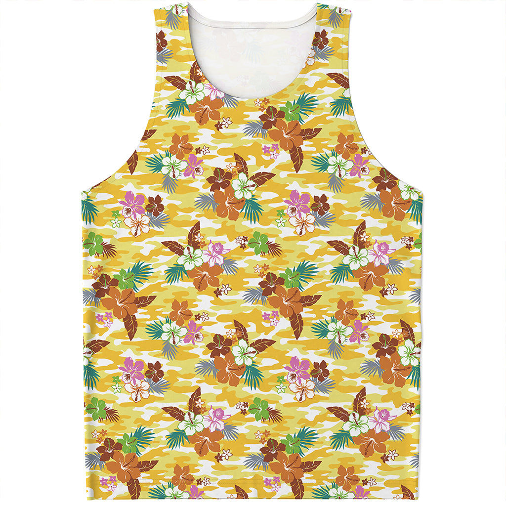 Yellow Camo And Hibiscus Flower Print Men's Tank Top Yellow Camo And Hibiscus Flower Print Men's Tank Top