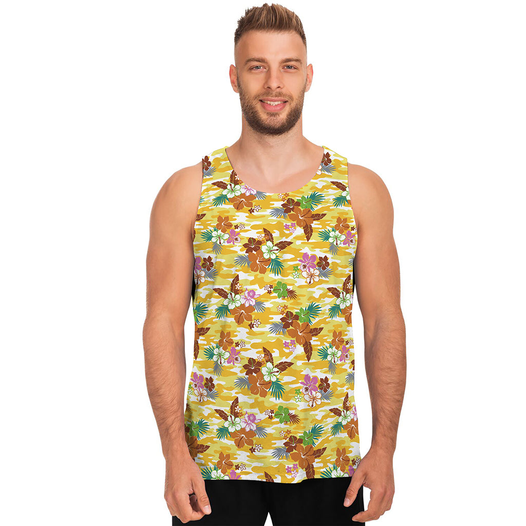 Yellow Camo And Hibiscus Flower Print Men's Tank Top Yellow Camo And Hibiscus Flower Print Men's Tank Top