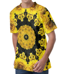Yellow Flower Kaleidoscope Print Men's Velvet T-Shirt