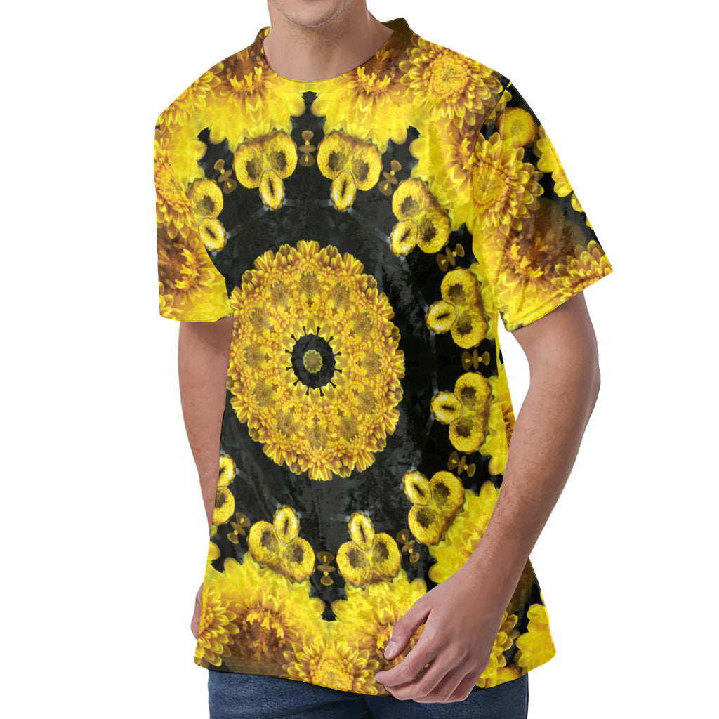 Yellow Flower Kaleidoscope Print Men's Velvet T-Shirt Yellow Flower Kaleidoscope Print Men's Velvet T-Shirt