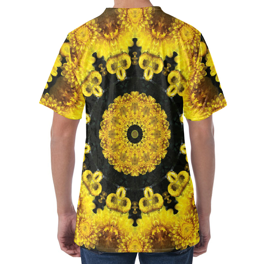 Yellow Flower Kaleidoscope Print Men's Velvet T-Shirt Yellow Flower Kaleidoscope Print Men's Velvet T-Shirt