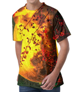 Yellow Full Moon Print Men's Velvet T-Shirt