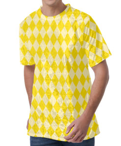 Yellow Harlequin Pattern Print Men's Velvet T-Shirt