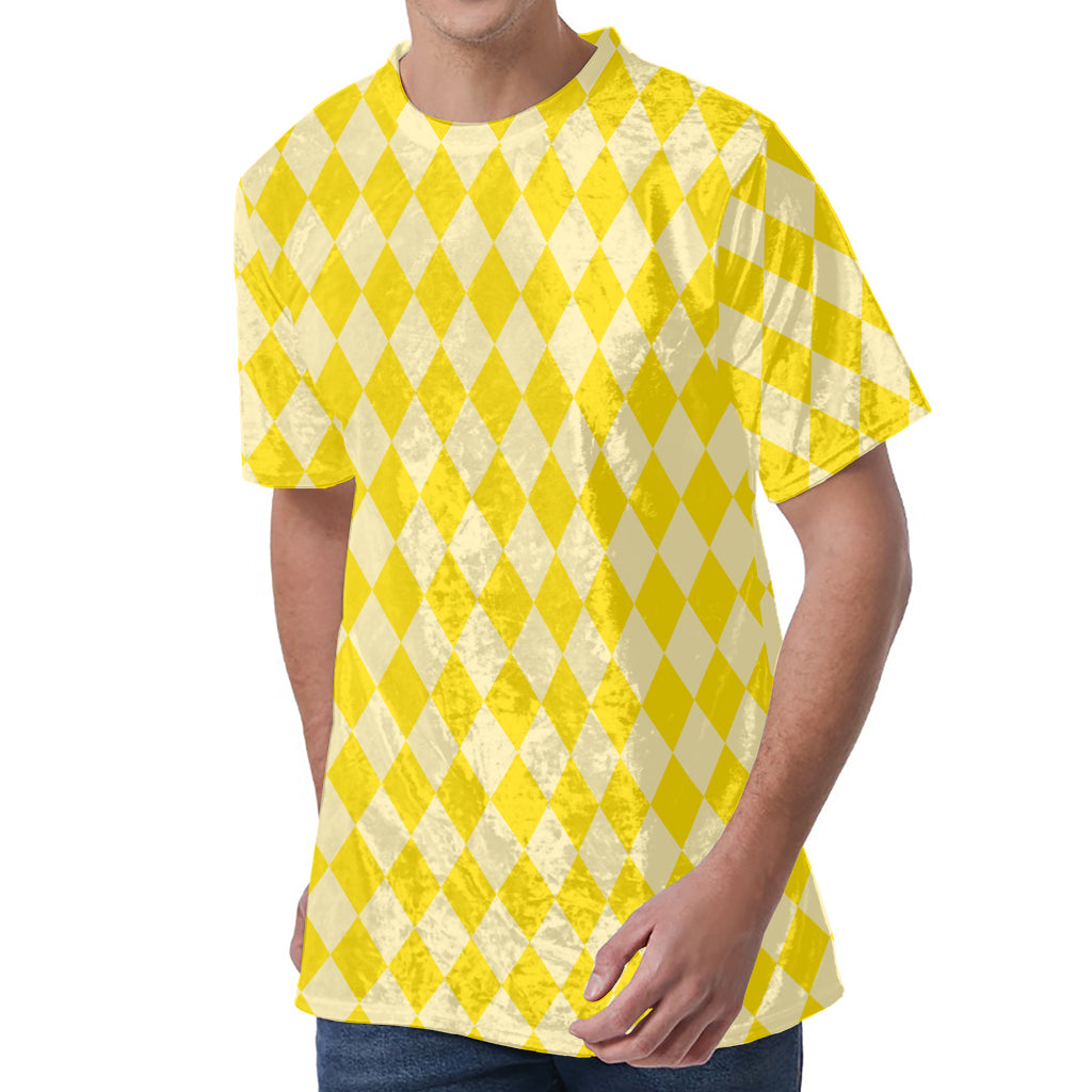 Yellow Harlequin Pattern Print Men's Velvet T-Shirt Yellow Harlequin Pattern Print Men's Velvet T-Shirt